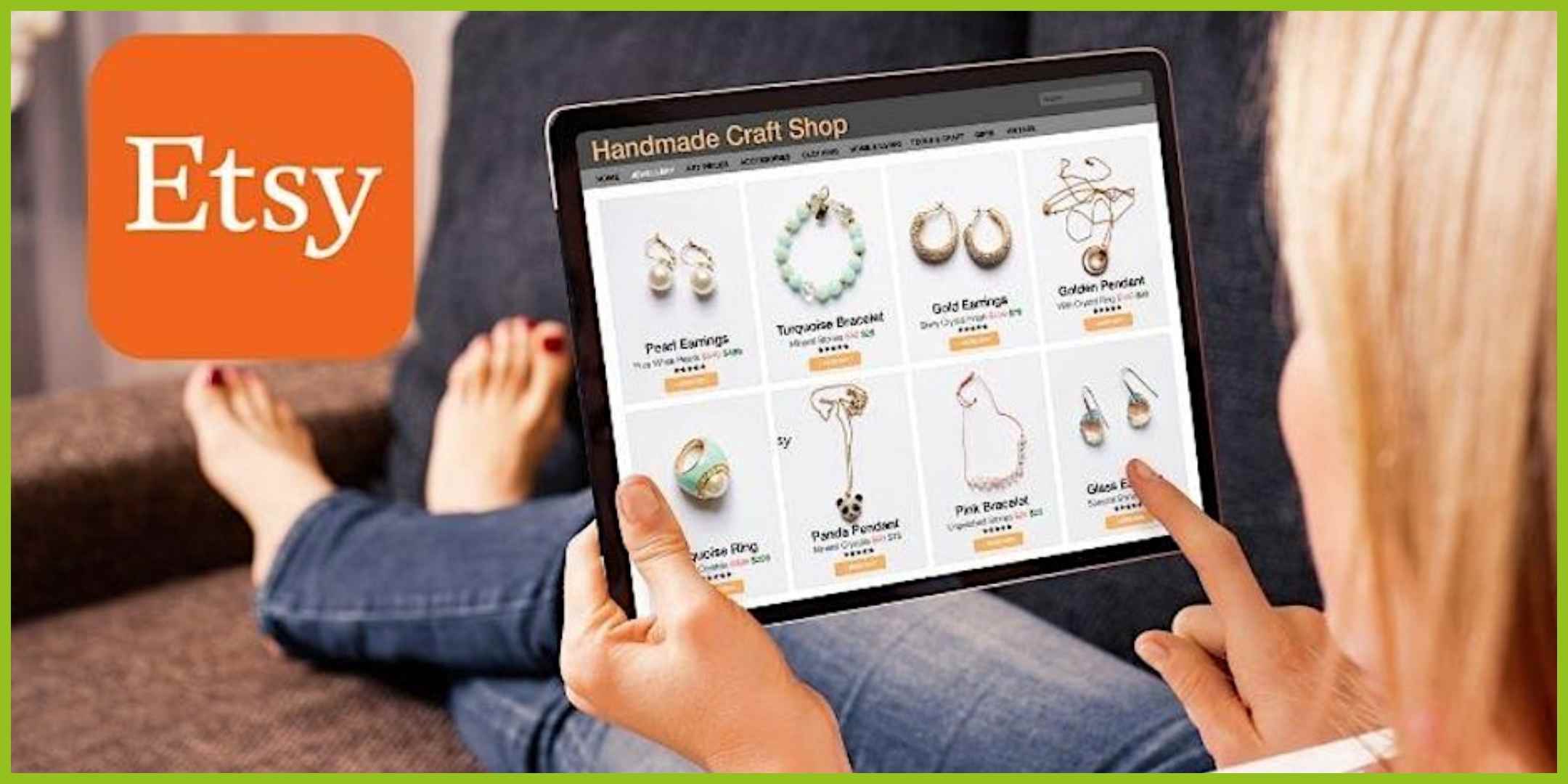 Woman watching Etsy Handmade Craft Shop on tablet-Eventbrite cover for Etsy selling for beginners event