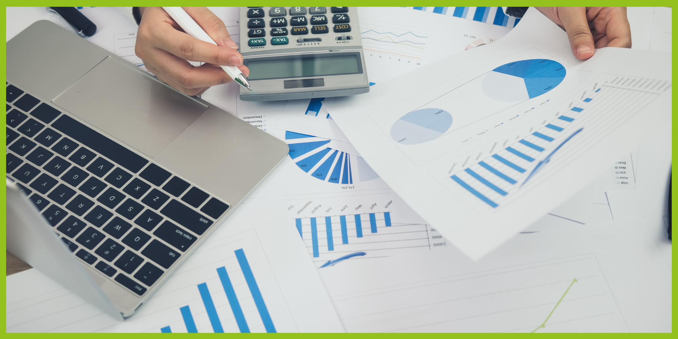Laptop keyboard-calculator-various types of graph to represent finance